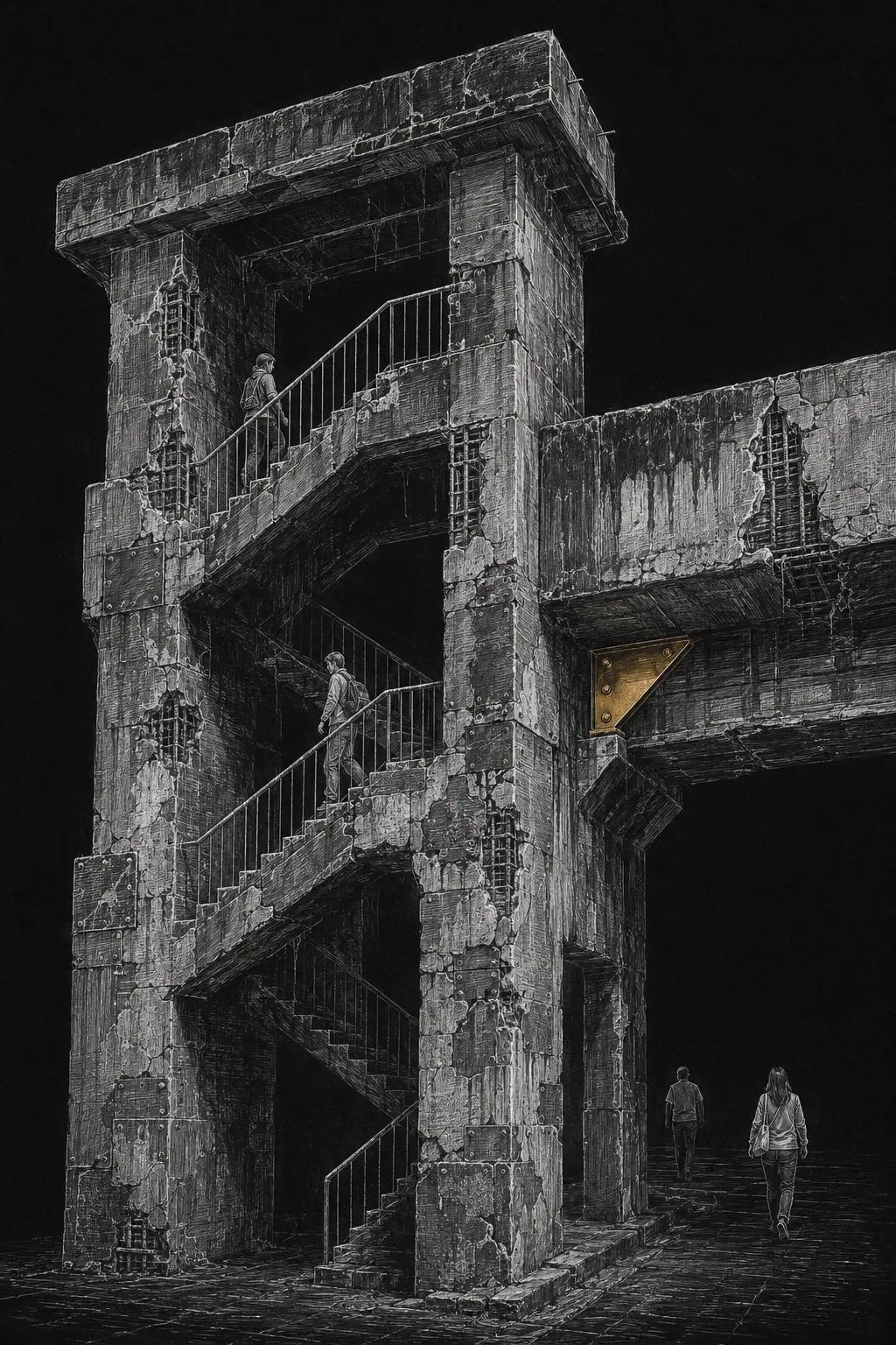Residents move through a run-down concrete apartment block