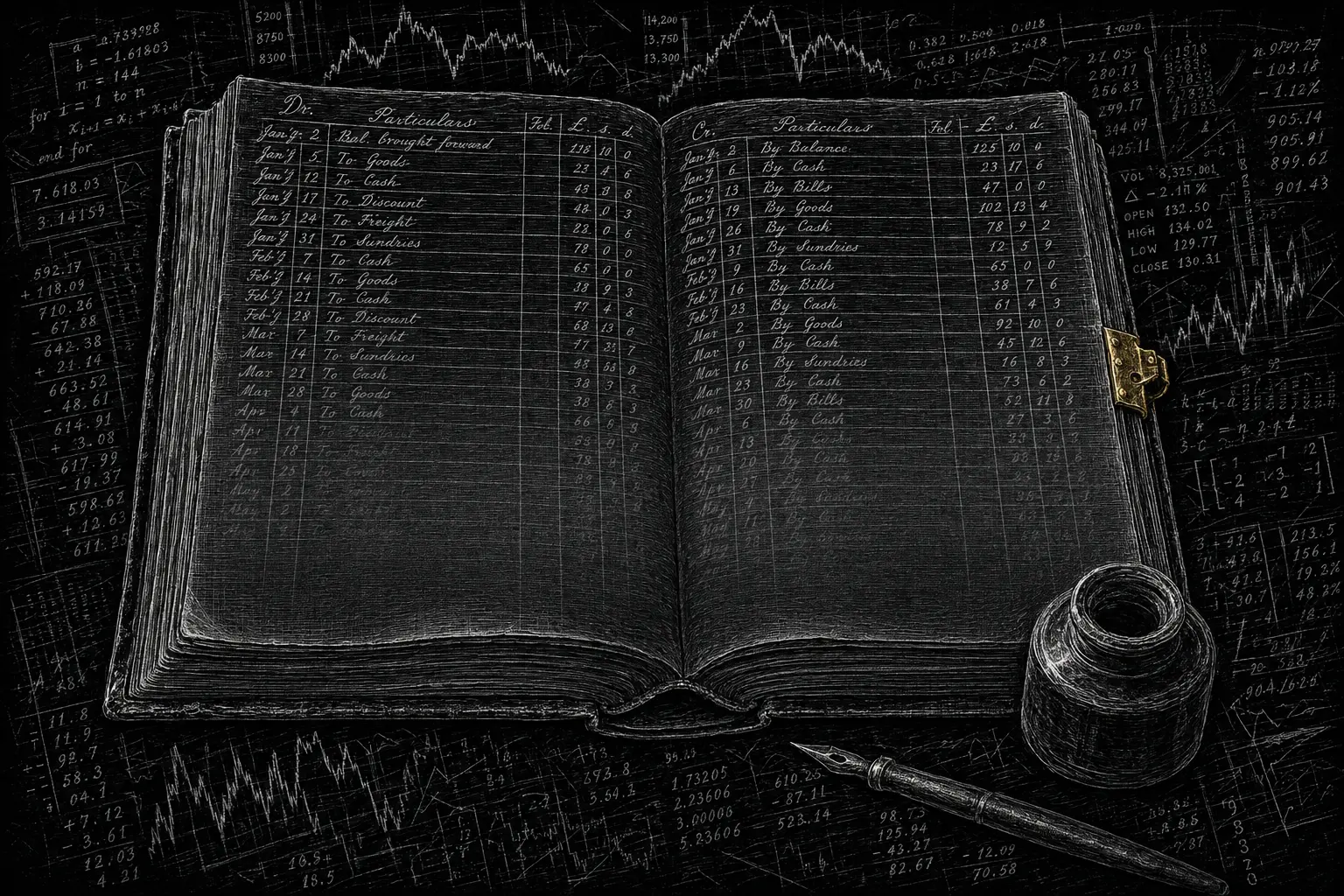 A physical ledger being drawn down while market graphs proliferate around it